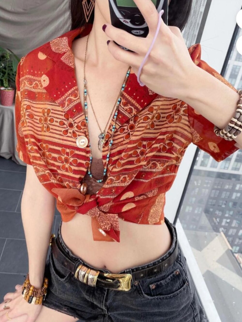 Orange 90s Boho Hippie Floral Blouse / Stripe Paisley